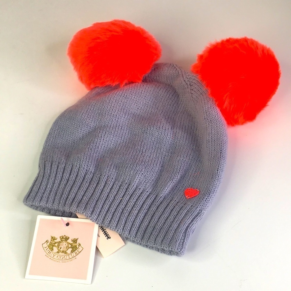 New Juicy Couture Girls Pom Pom Beanie Gray Orange $48